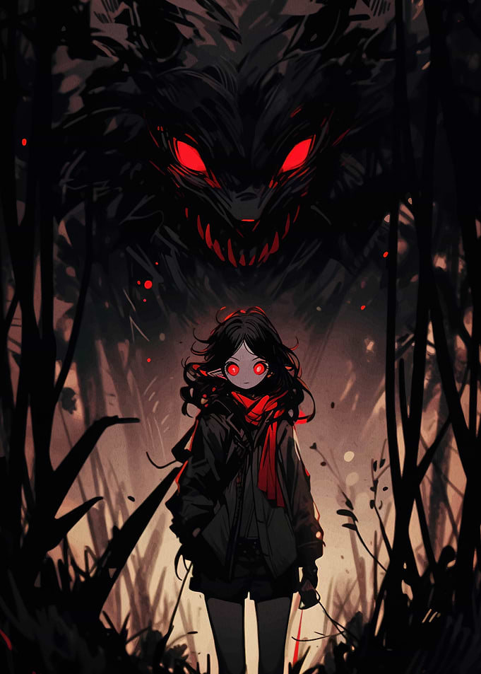 Girl Facing Wolf Monster
