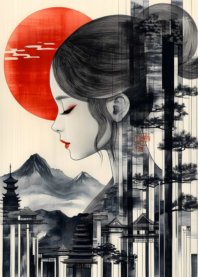Japanese Woman with Mountain Landscape