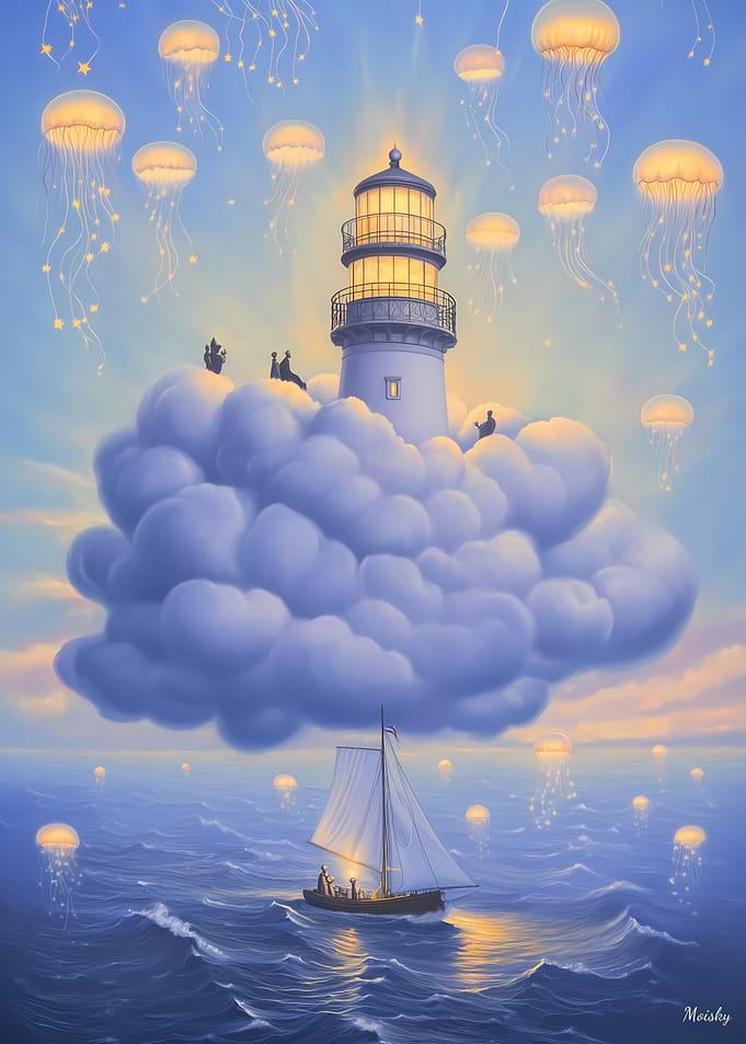 Surreal Lighthouse in the Clouds with Jellyfish