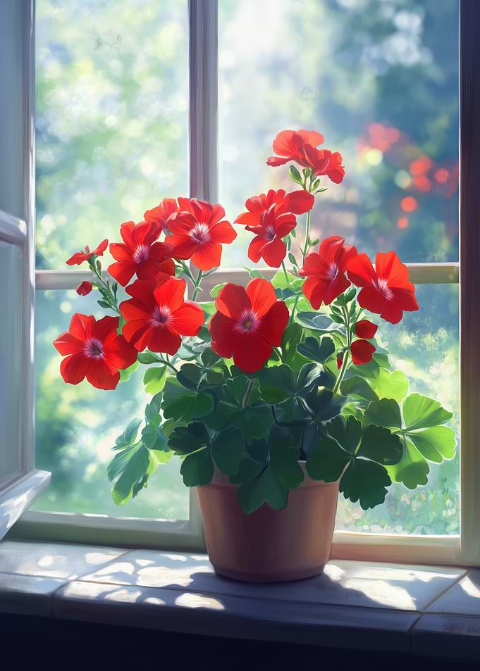 Red Geranium Flowers by Window