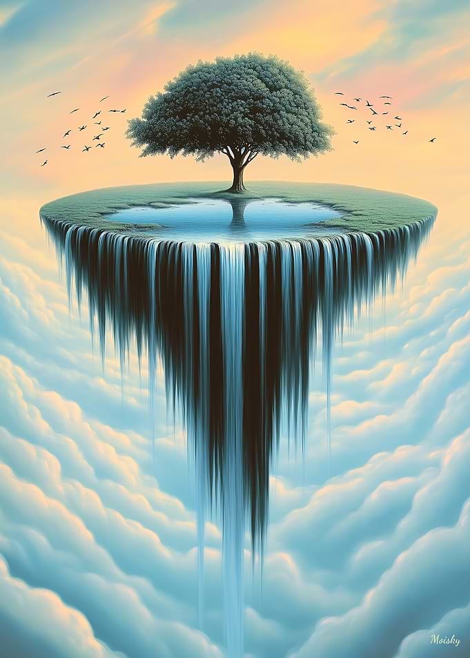 Floating Island with Tree and Waterfall