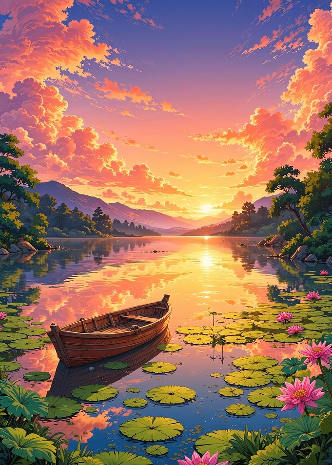 Sunset Lake with Boat