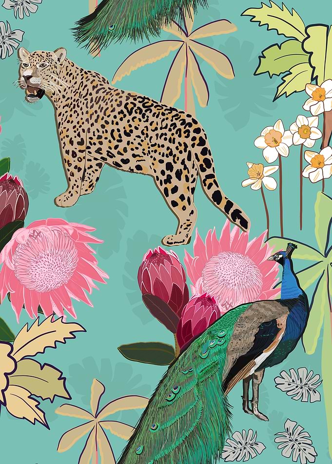 Leopard, Peacock, and Flowers