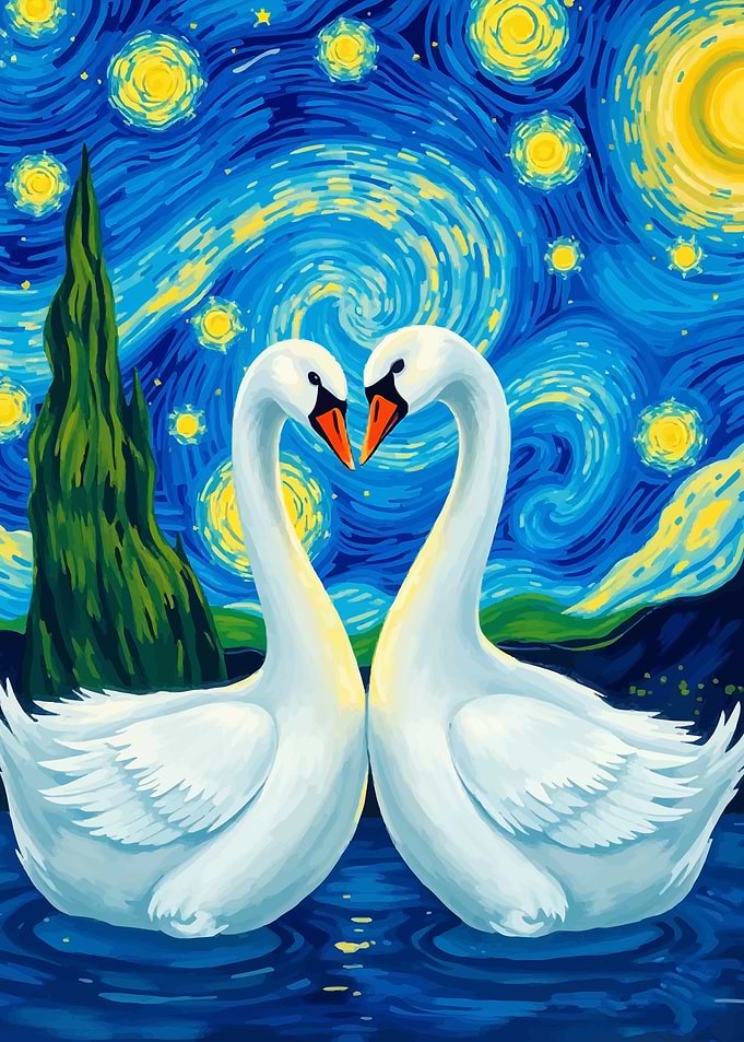 Swans Under Starry Night