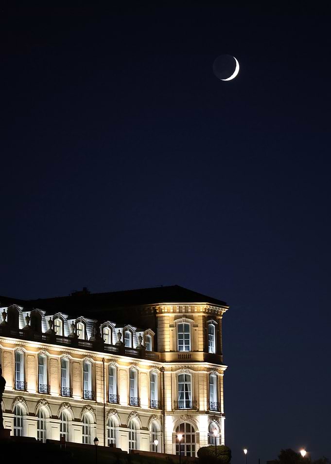 Crescent Moon Over Palais du Pharo in Marseille