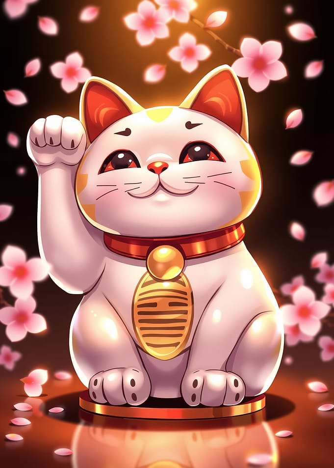 Lucky Cat with Cherry Blossoms