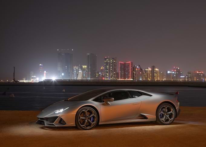 Silver Lamborghini at Night