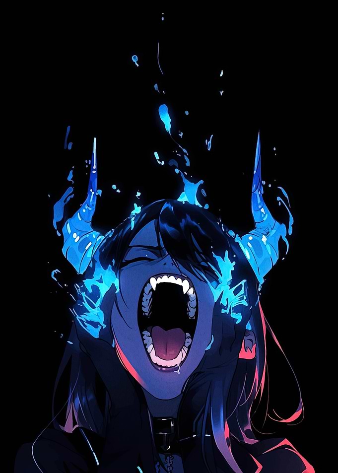Anime Demon Girl with Blue Flames