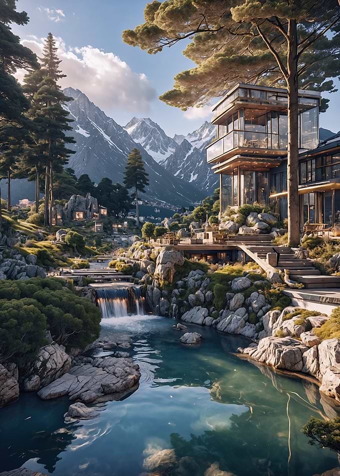 Mountain Retreat with Waterfall