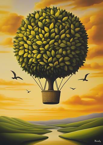Tree Balloon Over Surreal Landscape