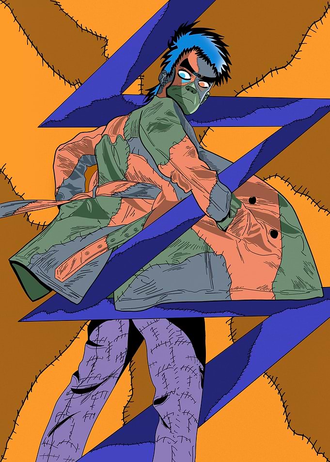 Stitched Figure in Blue and Orange