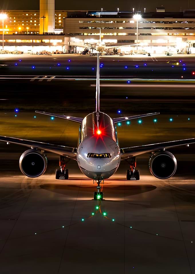 Airplane on Runway at Night