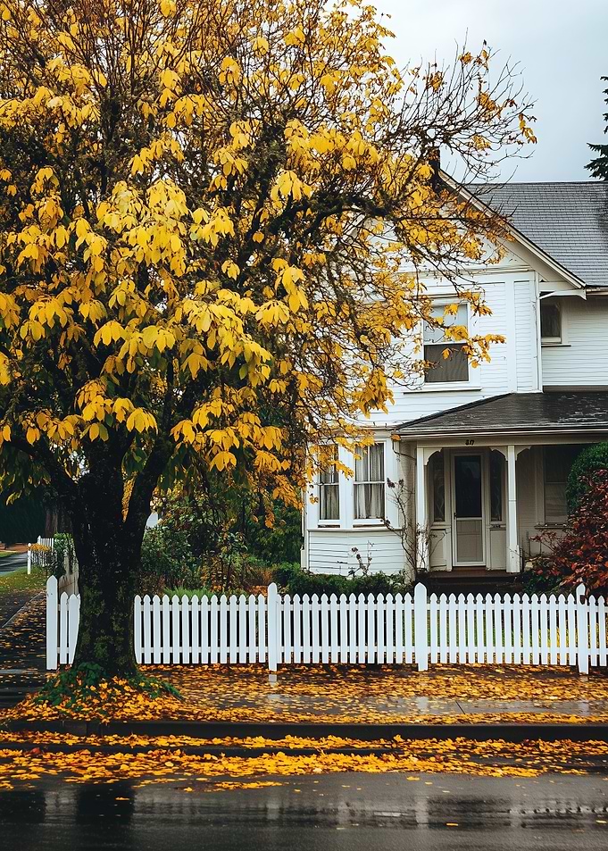 Autumn House with White Fence