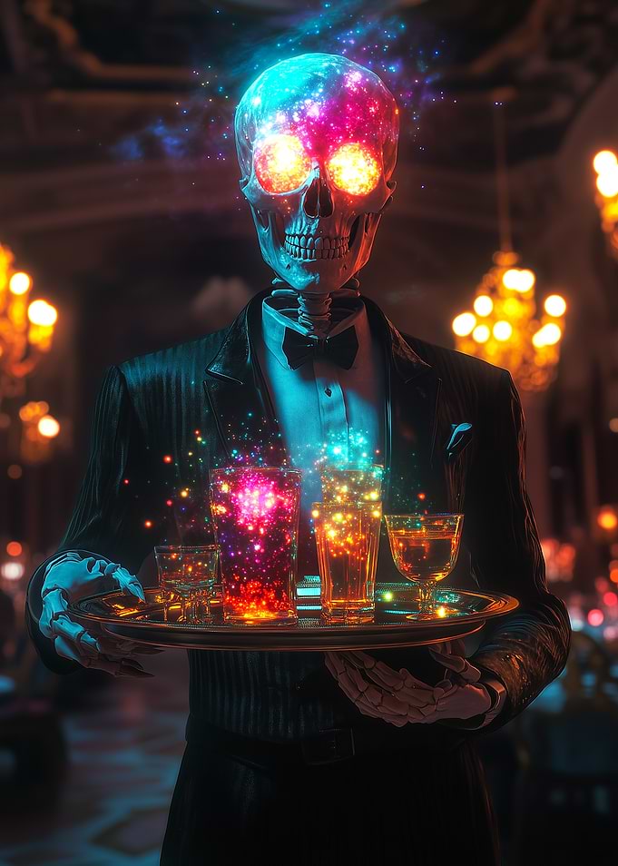 Skeleton Bartender with Glowing Drinks
