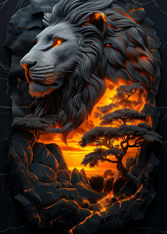 Lion in Lava Landscape