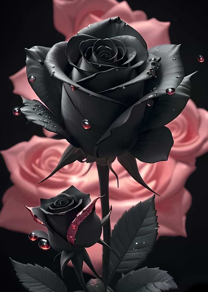 Black Rose with Dew Drops