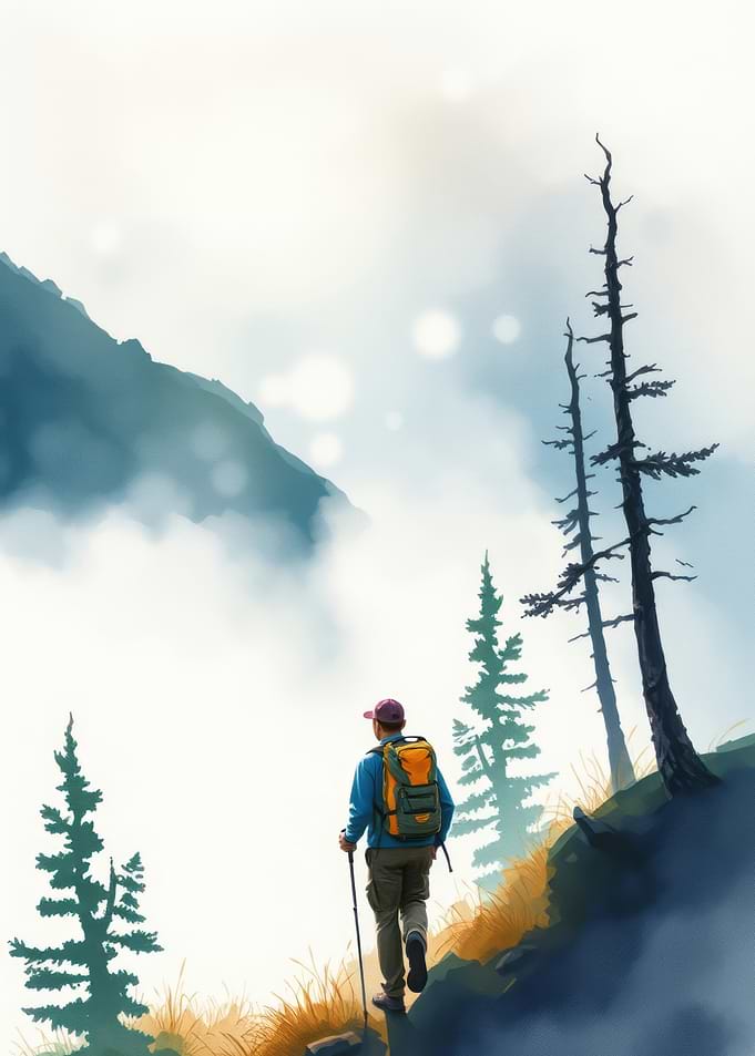 Hiker in Misty Mountains