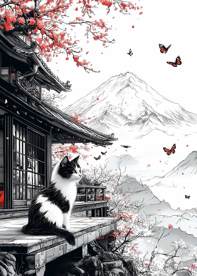 Japanese Cat & Mountain