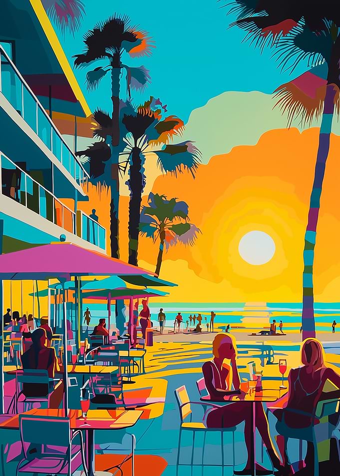 Pop Art Beachfront Café at Sunset