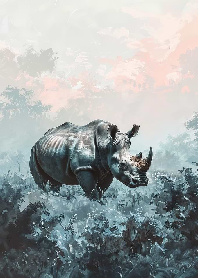 Rhino in Foggy Forest