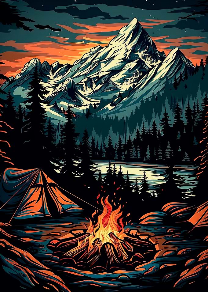 Campfire Under Mountain