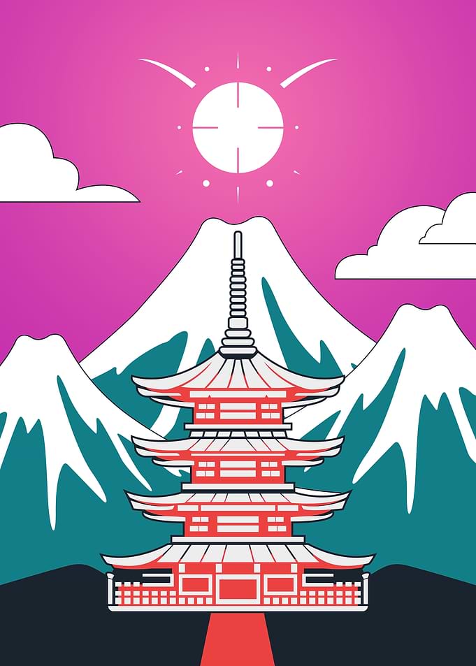 Neon Japanese Pagoda & Fujiyama Mountain
