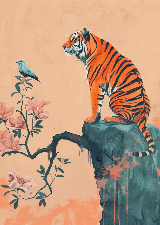 Tiger and Bird on Cliff