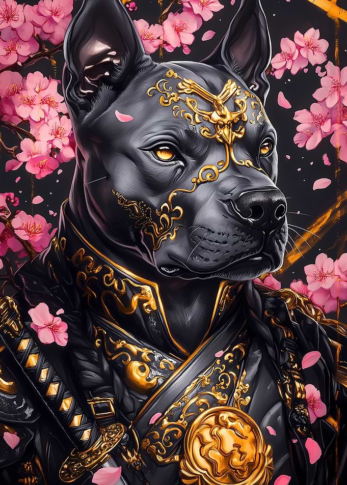 Samurai Dog with Cherry Blossoms