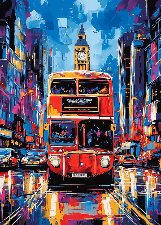 Pop Art London Bus with Big Ben Backdrop