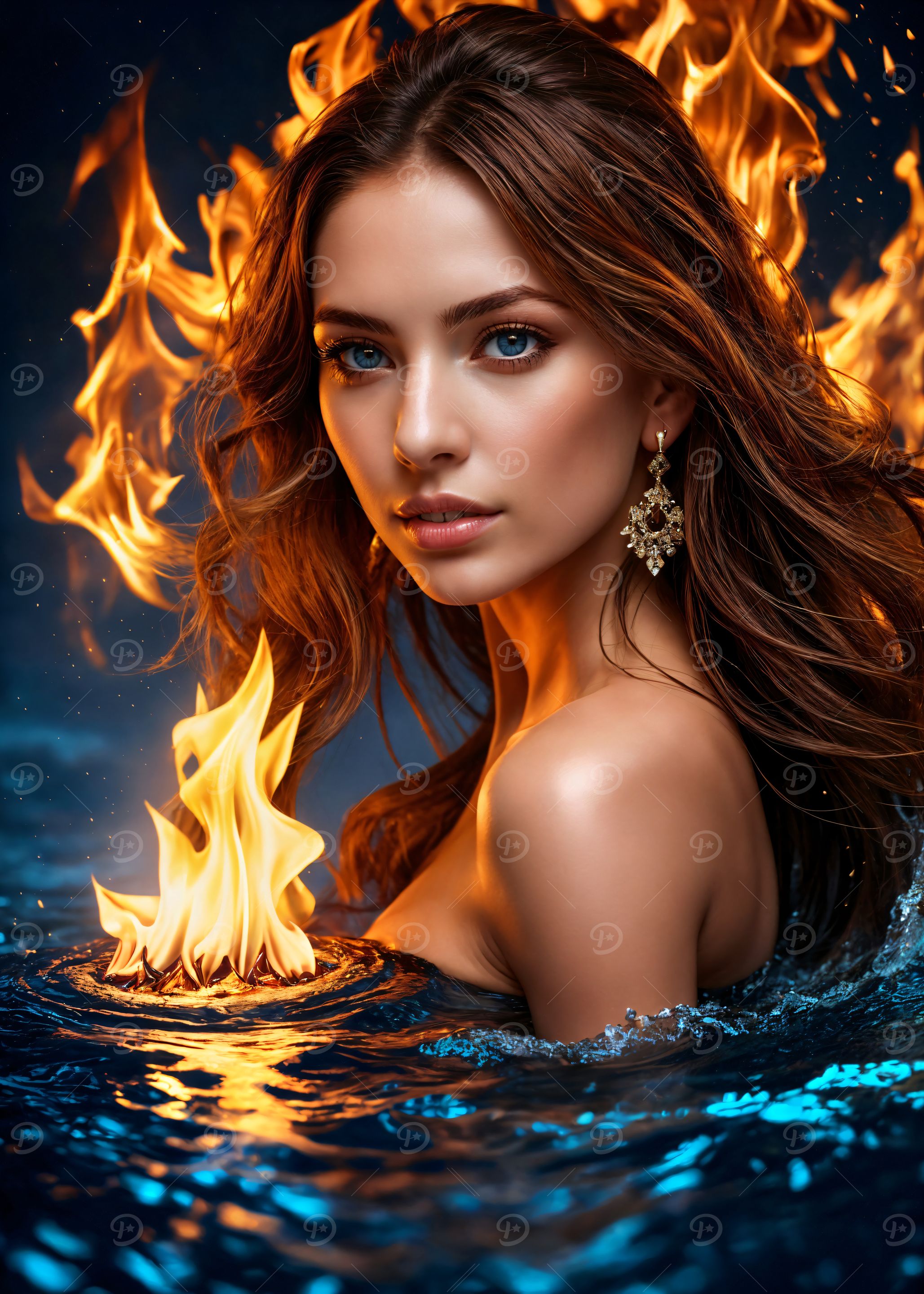 Enchanting Girl Blending Fire and Water