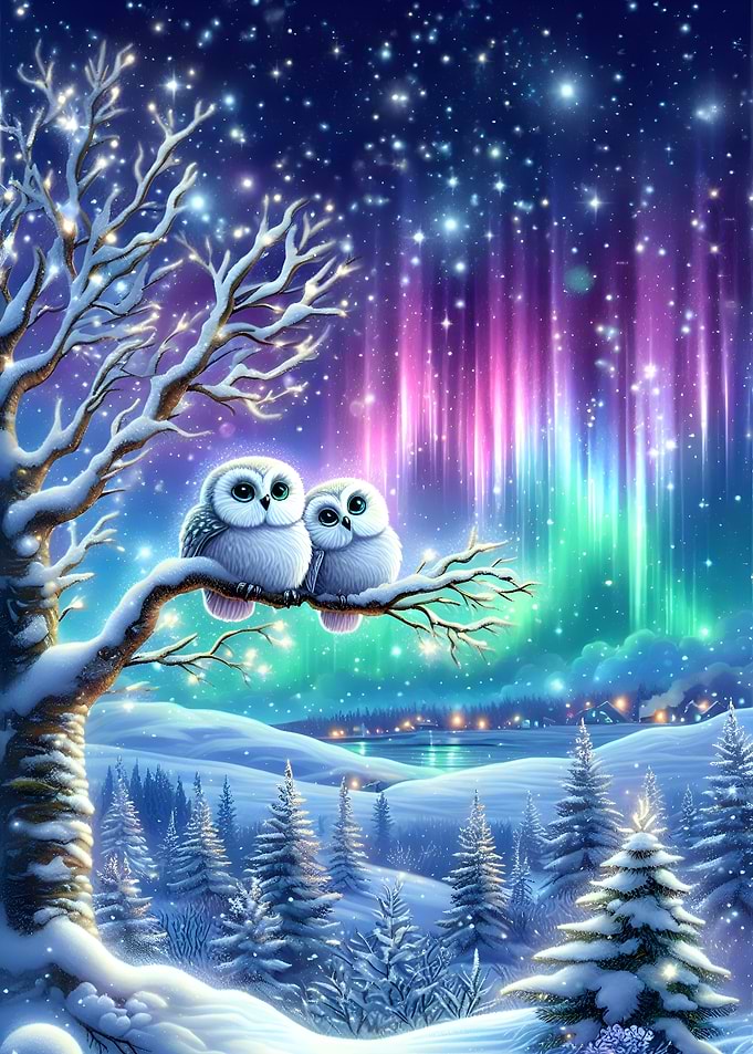 Snowy Owl Couple Under Aurora Borealis