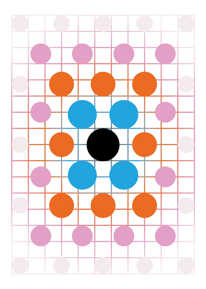 Abstract grid of intersecting lines and dots.