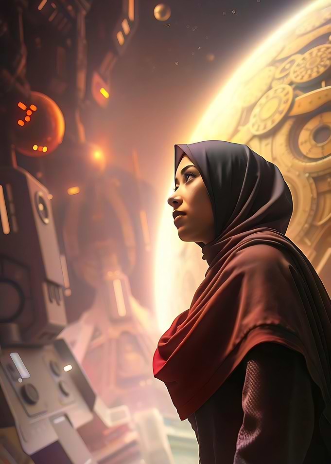Woman in Hijab in Futuristic Setting