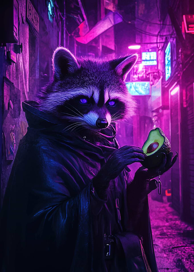 Raccoon in Neon Alley