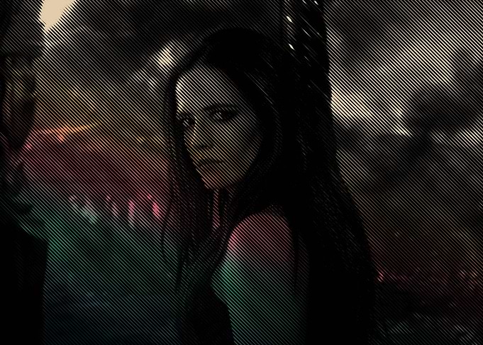 Woman with Dark Hair and Serious Expression