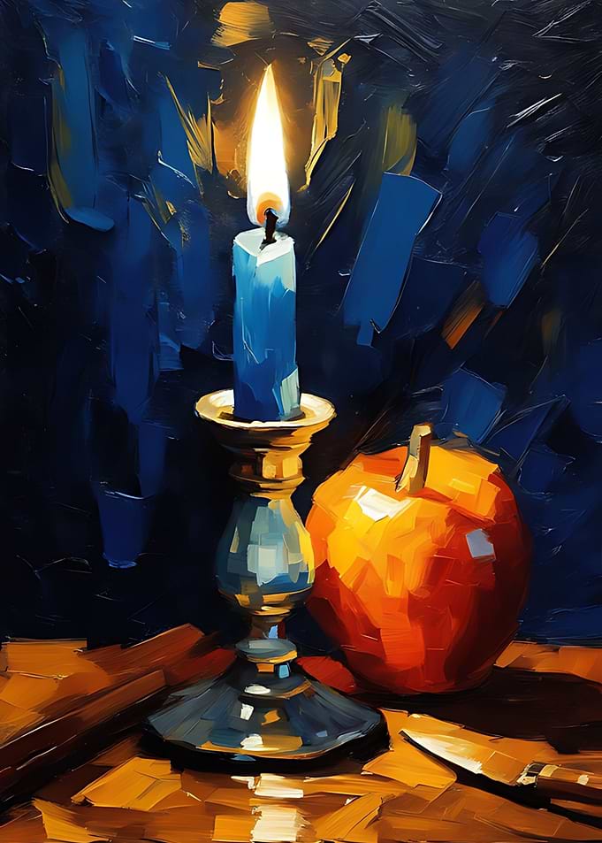 Blue Candle and Apple Still Life