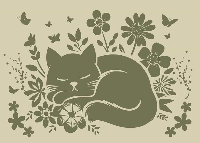 Minimalist Sleeping Cat in Flowers