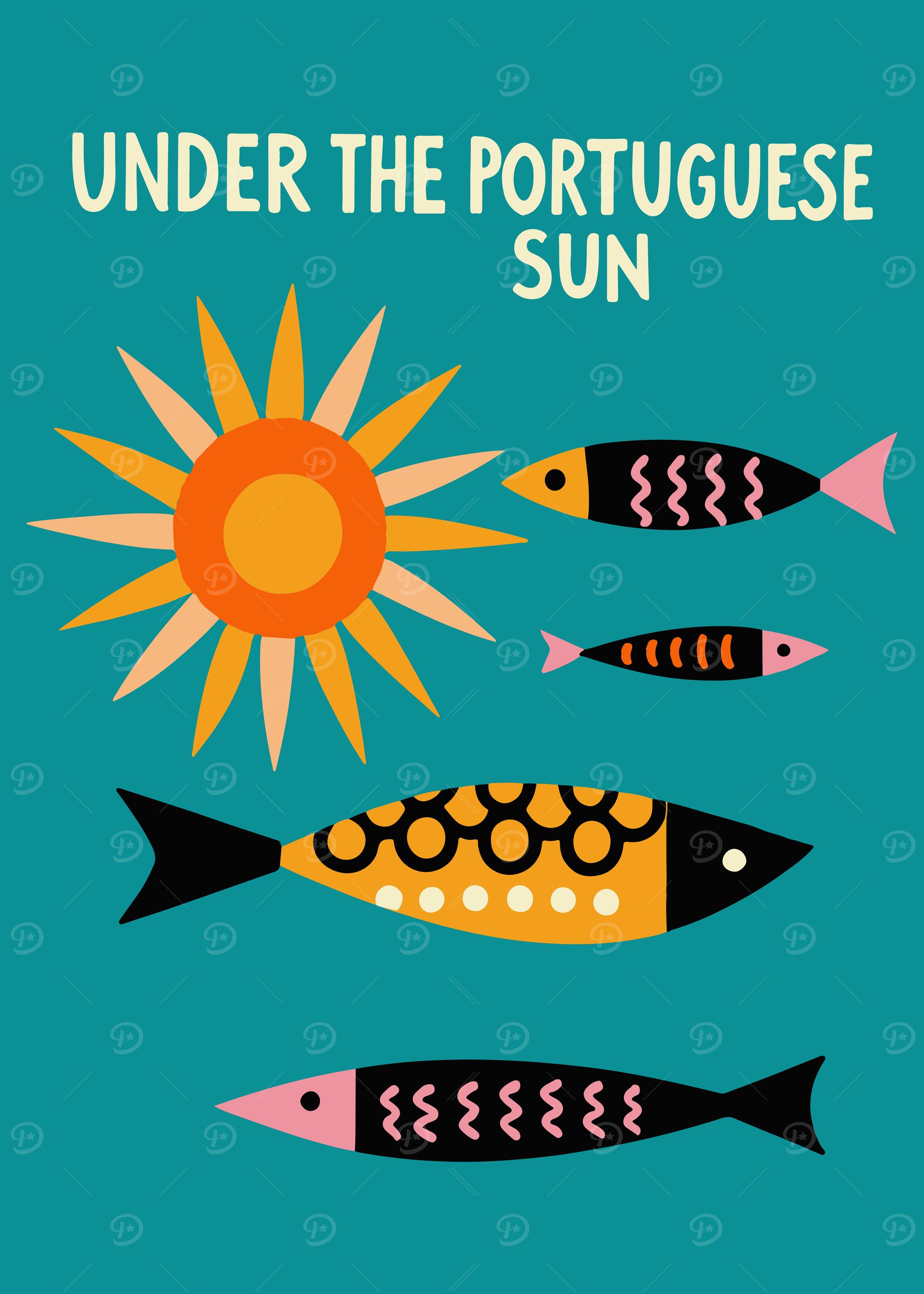 Portugal Travel Art with Sun and Sardines