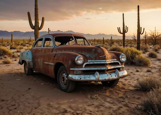 Rusty Classic Car in Desert