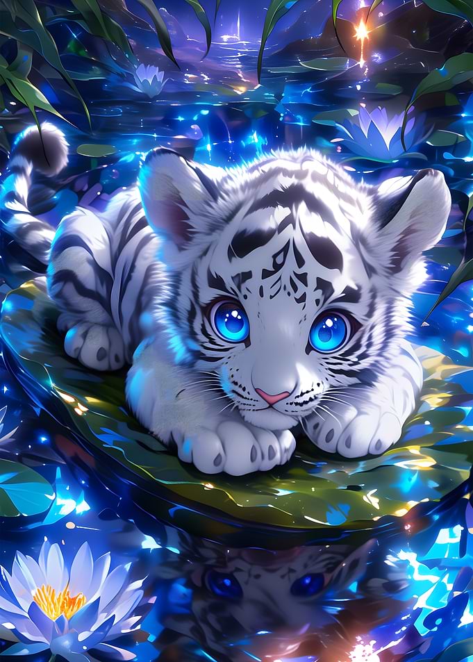 White Tiger Cub in Water Lilies