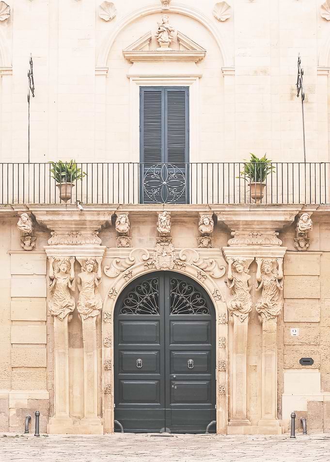 Puglia, Italy I Photography of Baroque facade and a majestic door with the charm of Italian streets for geometric fans architecture composition in Rome or Haussmann aesthetic in Paris Rome or Milan