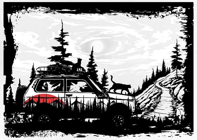 Car in Forest and Cats