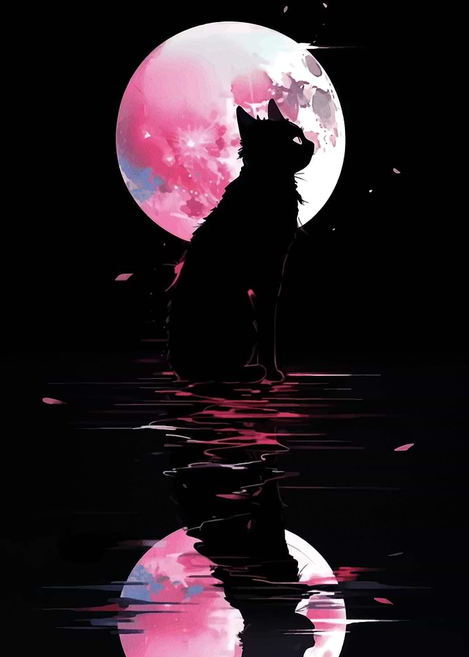 Black Cat and Pink Moon