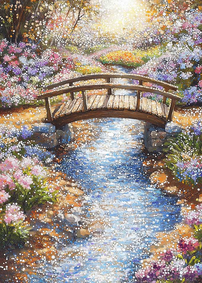 Garden Bridge in Bloom: Pointillism Masterpiece
