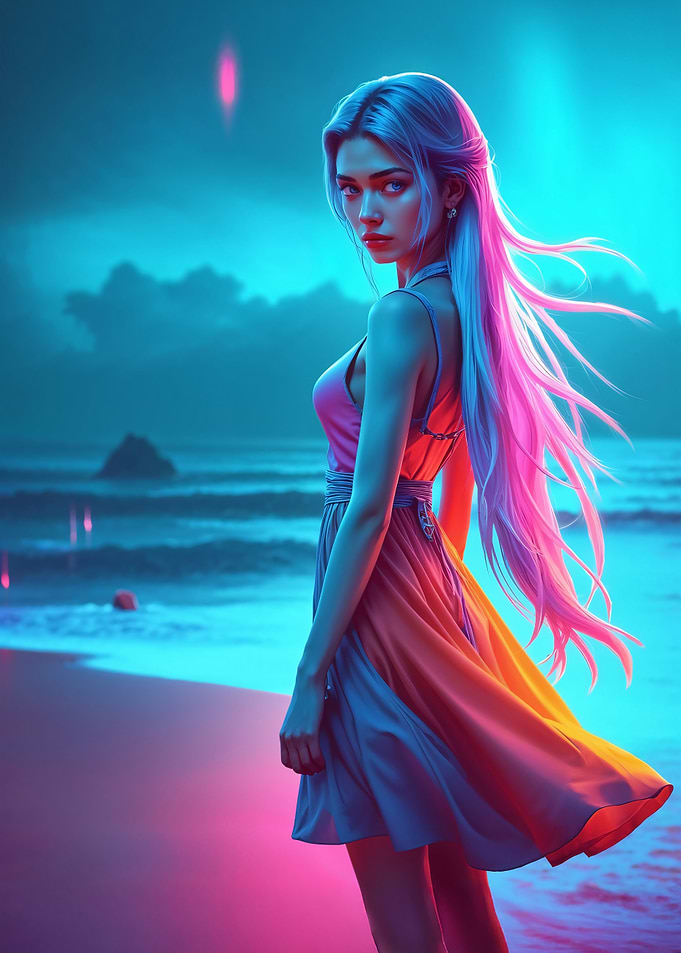 Woman in Neon Dress on Beach
