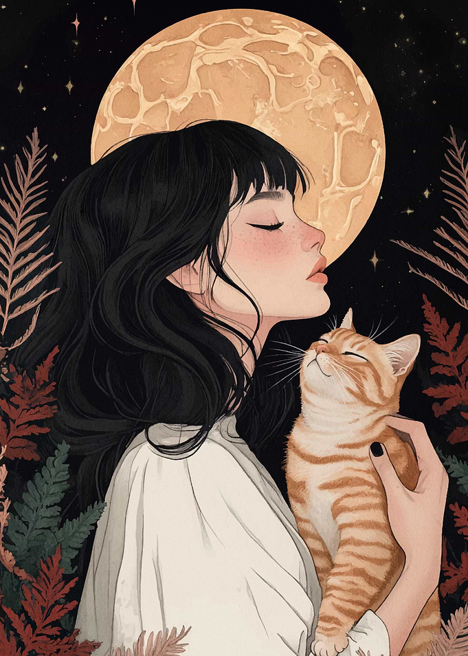 Girl Cat Under Moon