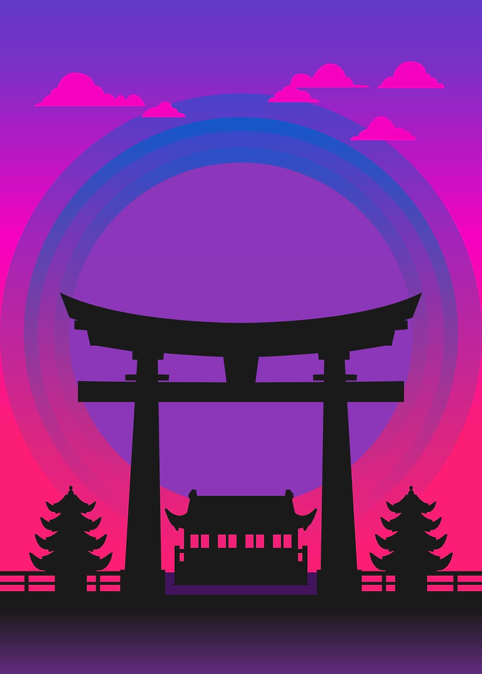 Cyberpunk Color Japanese Temple Silhouette
