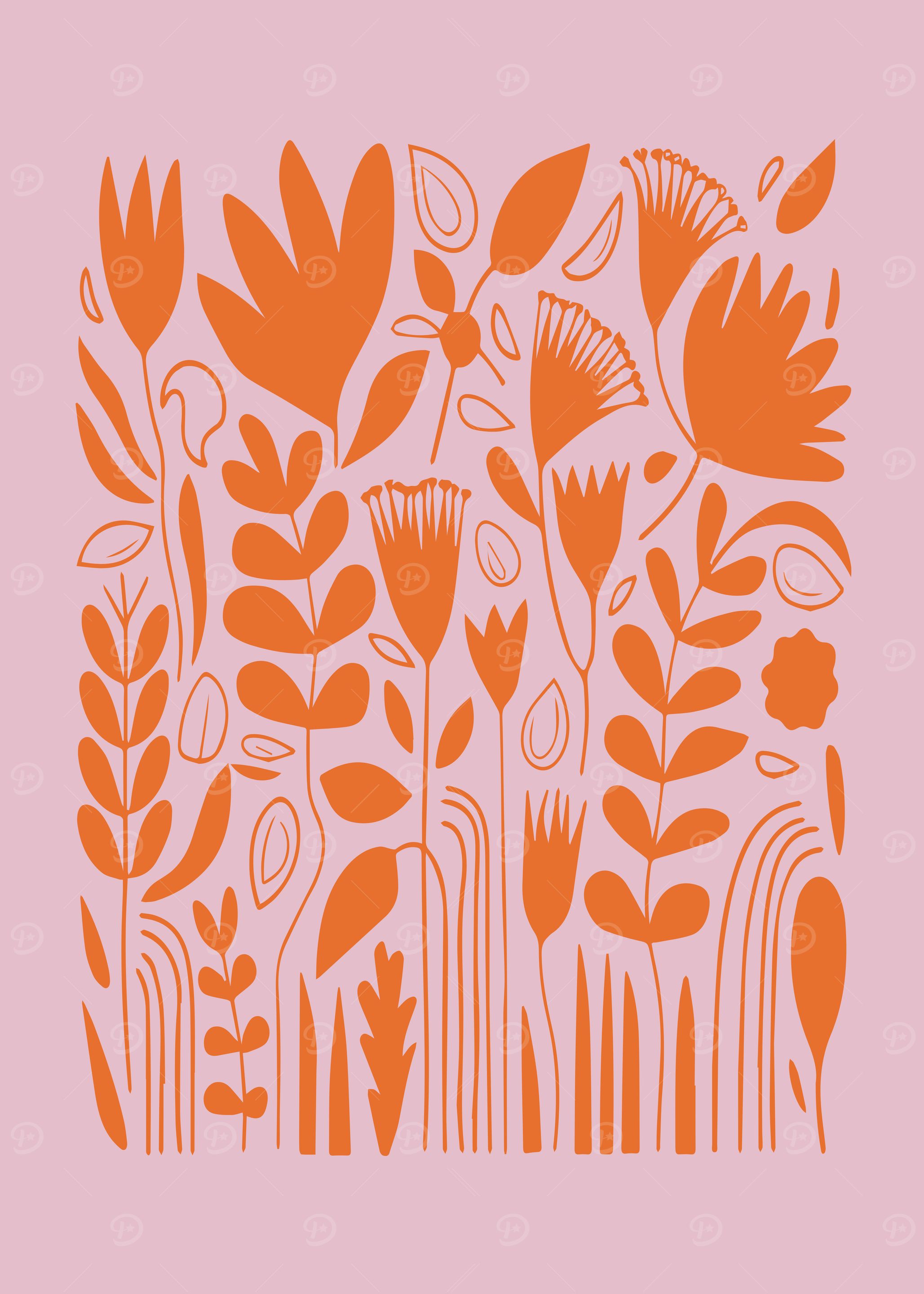 Abstract Folk Flowers in Pink and Orange