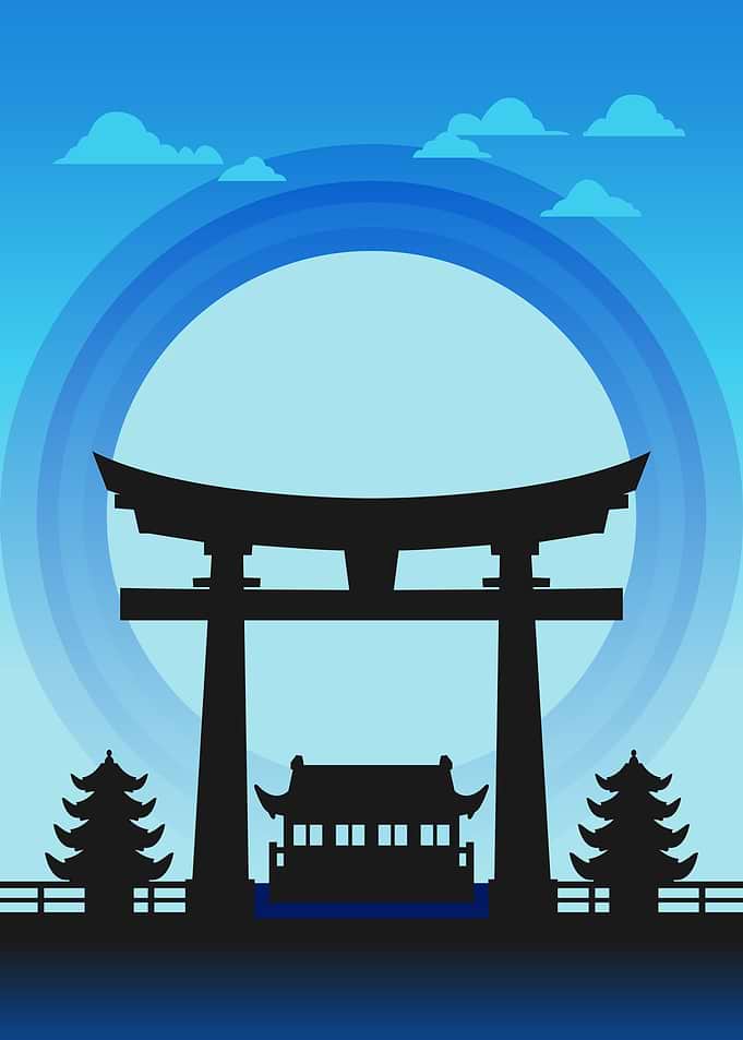 Blue Japanese Temple Silhouette