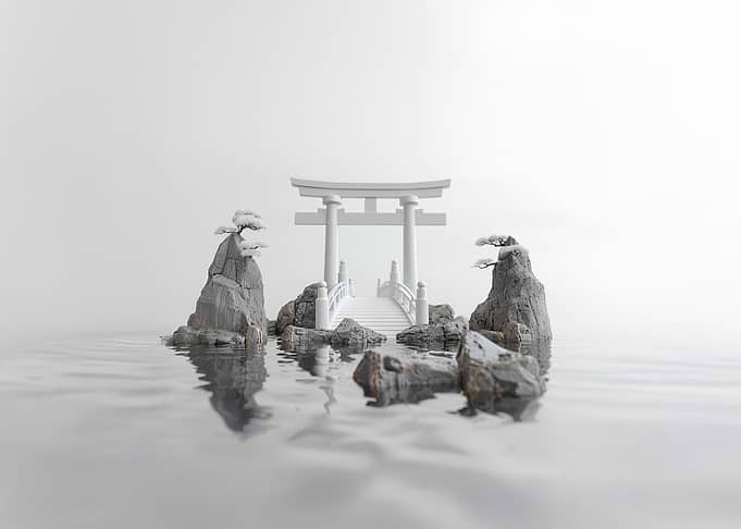 White Torii Gate and Bridge